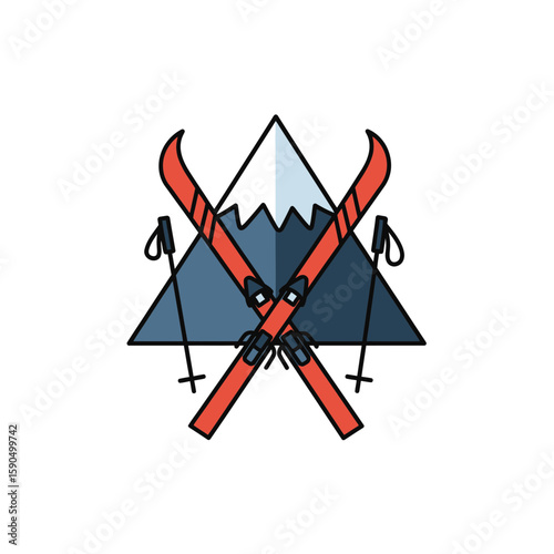 A mountain logo featuring crossed skis and a snowy peak.