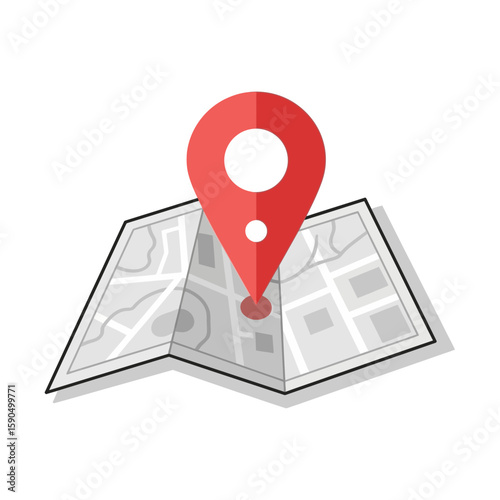 Red location marker pin on a folded map indicating a destination.