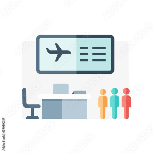 An airport check-in counter with a display screen and waiting passengers.