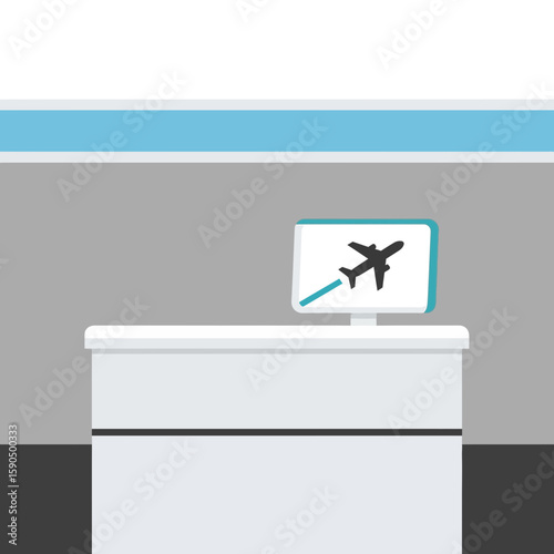 A white airport check-in counter with a monitor displaying an airplane icon.