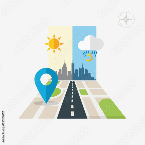A road map graphic with a location pin and weather elements.