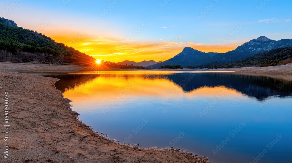 Fototapeta premium Golden sunset over Riano reservoir casting reflections on calm waters