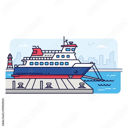 Ferry boat docked at pier with cityscape background illustration vector design.