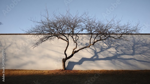 A leafless tree casts a long shadow on a plain white wall under a clear blue sky, with dry grass at its base.