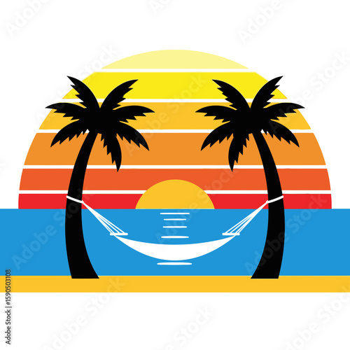 Tropical beach scene with palm trees hammock ocean and sunset graphic illustration.