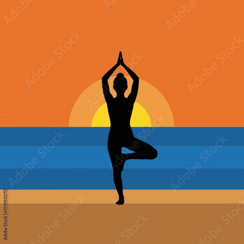 Silhouette of person in yoga pose on beach with sunset background.