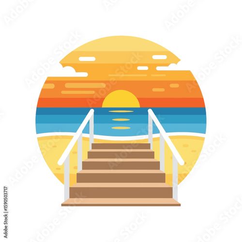 Beach stairs lead to ocean with sunset in circular design element.