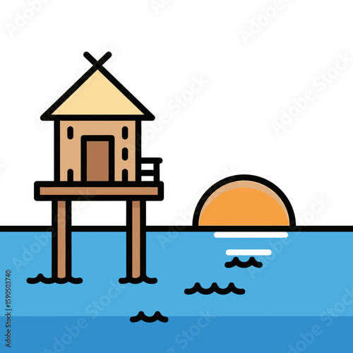 Hut on stilts over water with a rising sun in the background.