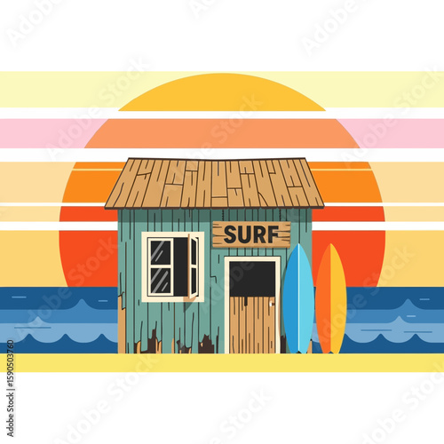 Beach hut with surfboards against a sunset and ocean illustration.