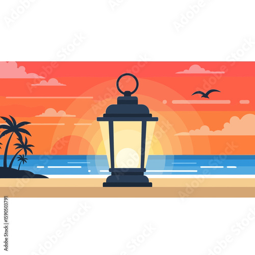 Lantern on beach with palm trees ocean sunset and birds in the sky.
