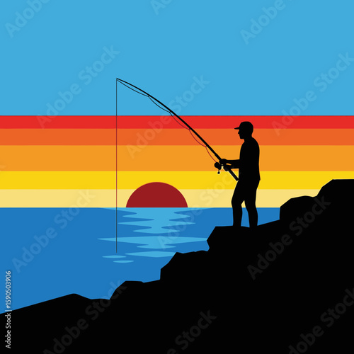 Silhouette of a person fishing from rocks at sunset over the water.