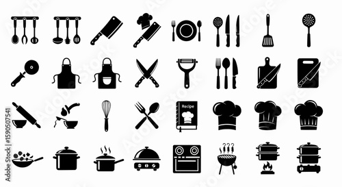 Culinary tools vector Kitchen Utensils Icons Set, Equipment Essentials  for Home Chefs