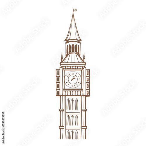 Tall gothic clock tower with spire and old roman dial, drawn in elegant vertical vector structure.