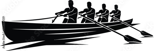  Rowing Team Silhouette in Black and White Vector