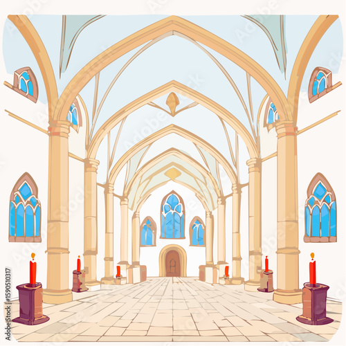 Interior of gothic cathedral glowing with candlelight, towering arches and stained glass in detailed vector form.