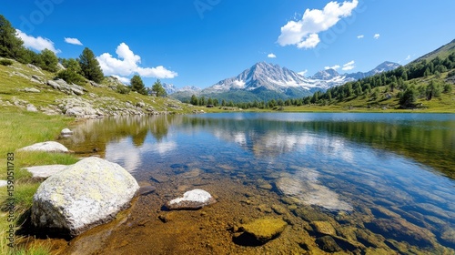 Scenic tranquility at Lake near Chiesa in Valmalenco during summer