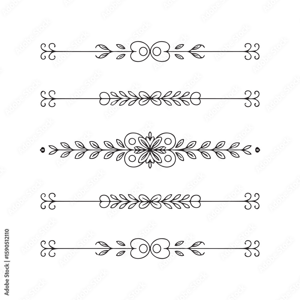 A collection of five elegant black and white decorative line dividers with floral and leafy motifs, perfect for enhancing text and page layouts