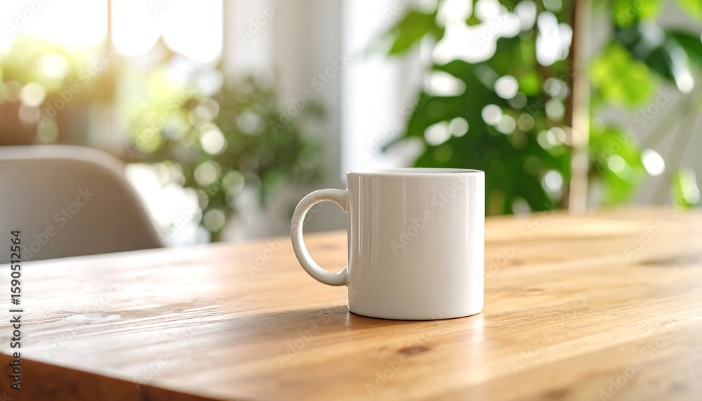 Fototapeta premium White mug on wooden table in a bright room