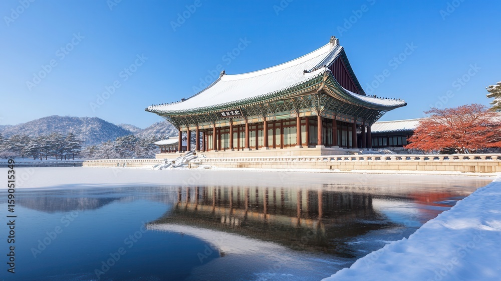 Fototapeta premium A serene winter scene showcases a traditional building reflecting in a still lake, surrounded by snow-covered mountains and a vibrant tree, Ideal for travel, architecture, and nature themes,