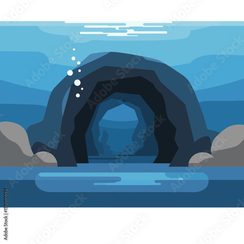 Underwater cave illustration with blue water and light effects.
