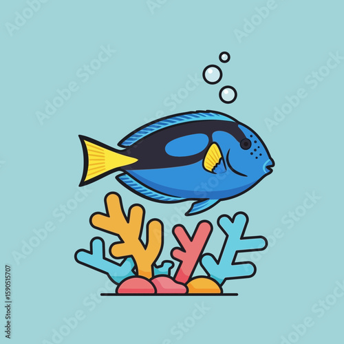 Cartoon blue fish with yellow tail swims over coral on light blue background.