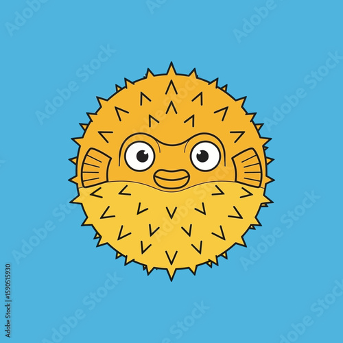 Cartoon pufferfish with yellow body and spikes on a blue background.