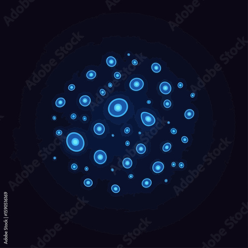 Abstract glowing blue circles on a dark background creating a cluster effect.