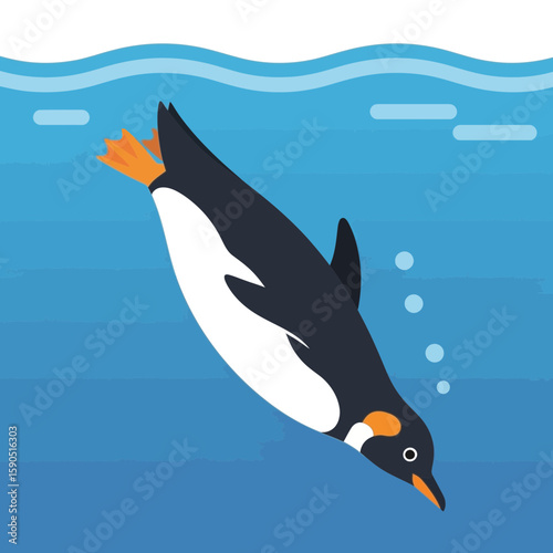 Penguin swimming underwater with bubbles in blue water illustration.