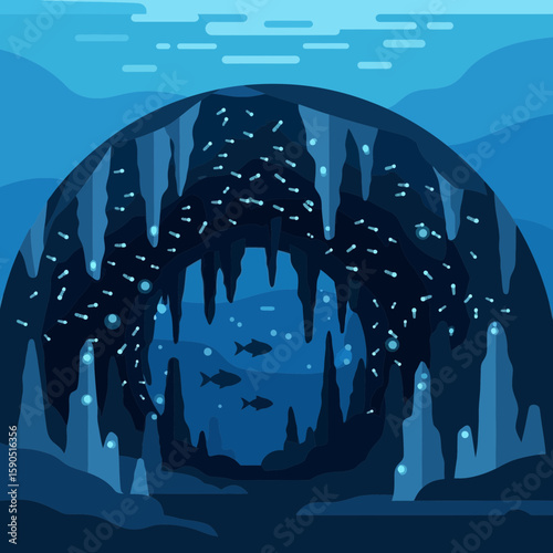 Underwater cave or structure with stalactites and small fish in blue water.