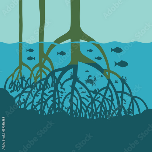 Mangrove trees roots underwater with fish illustration in blue and green tones.