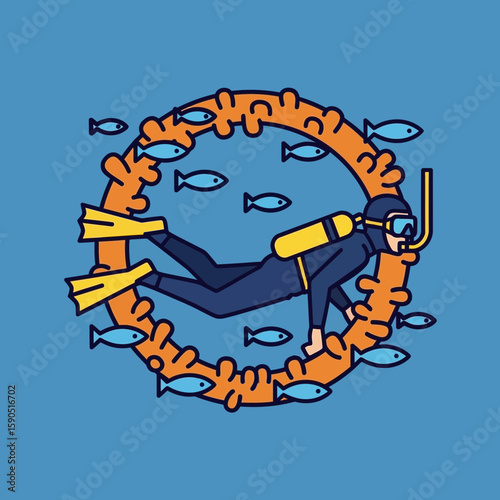 Diver swims inside coral ring surrounded by fish on blue background illustration.