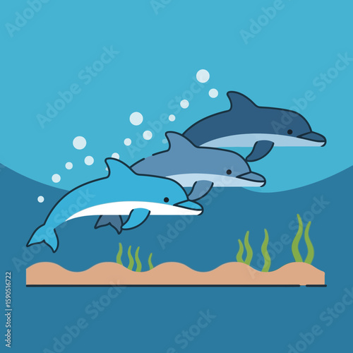 Three dolphins swim in the ocean with sand and seaweed below them.