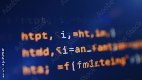 Orange Code on Deep Blue Screen in Macro Shot Displaying Precision in Programming and Software Development