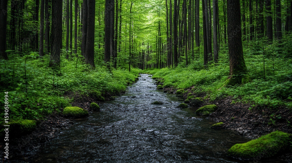 Fototapeta premium A serene forest scene with a calm stream flowing through lush greenery and towering trees, ideal for nature-themed projects, relaxation visuals, or eco-conscious designs,