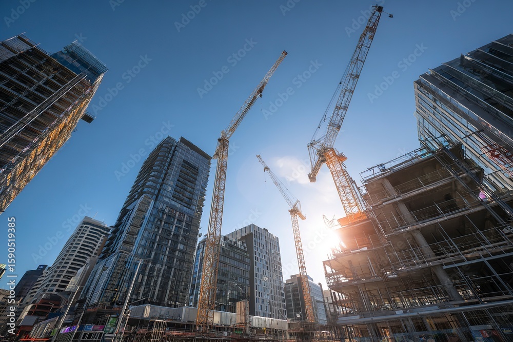 Fototapeta premium city square under construction with modern high-rise buildings and cranes, symbolizing the growth of urban development. The scene is illuminated by natural sunlight against a blue sky background. Phot