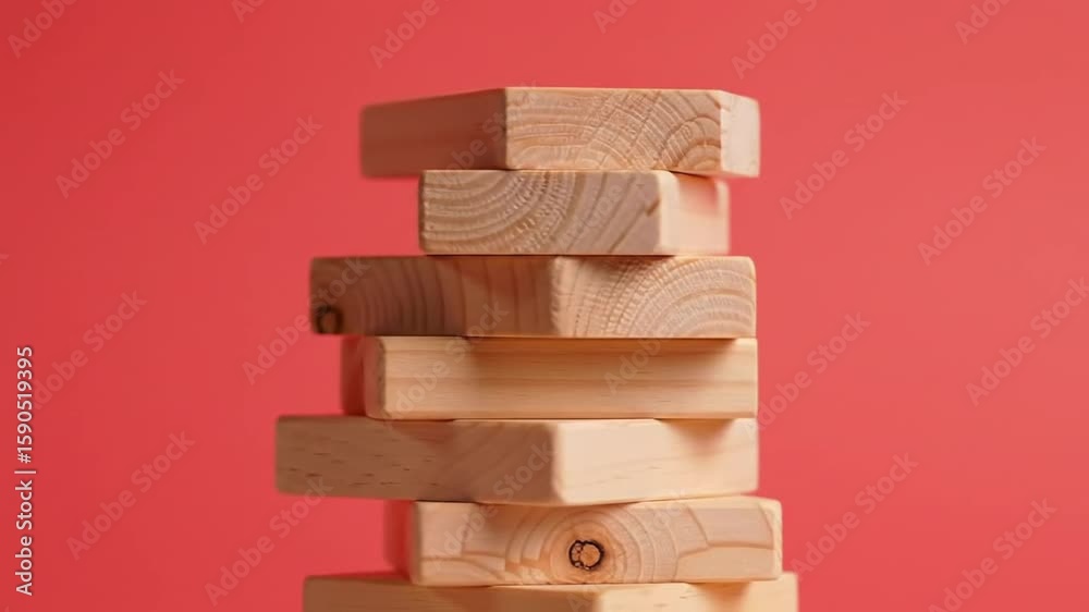 Stacked Light Tan Wooden Block Tower on a Bright Pink Background Studio Shot