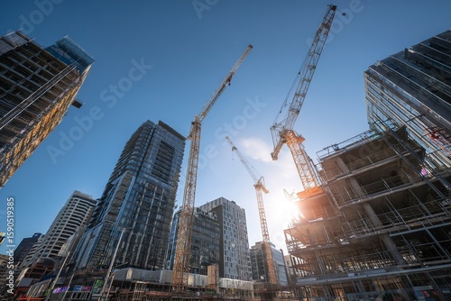 city square under construction with modern high-rise buildings and cranes, symbolizing the growth of urban development. The scene is illuminated by natural sunlight against a blue sky background. Phot
