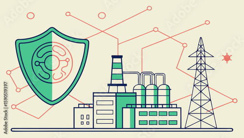 Illustration showing a factory with a shield and a power line with network connections present