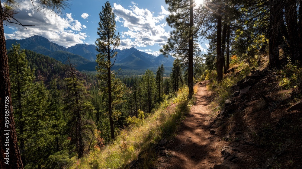 Fototapeta premium Scenic Hiking Trail Through Lush Pine Forest with Majestic Mountain View Under Bright Blue Sky and Fluffy White Clouds in the Background