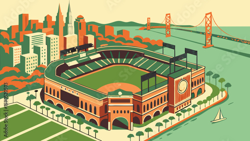 Stylized baseball stadium near a city skyline with a bridge and a sailboat in the water view