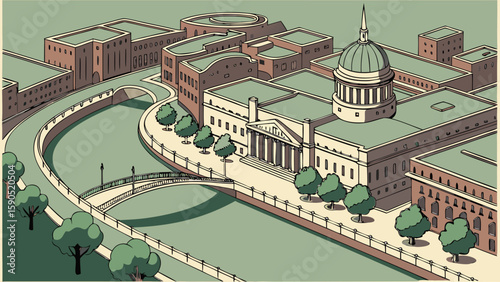 Illustration of a city landscape with a river, buildings, trees, and a domed structure in the distance