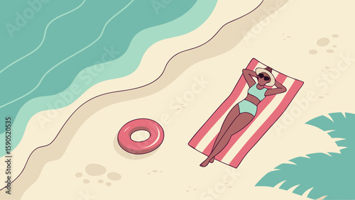 Woman in bikini sunbathing on a striped towel at the beach with a float and palm tree leaves