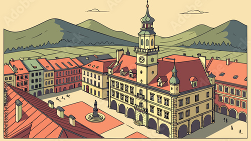 Illustration of a town square with a clock tower and buildings with red roofs and mountain backdrop