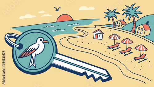 A key with a bird on it is shown in front of a beach scene with houses and palm trees in the distance