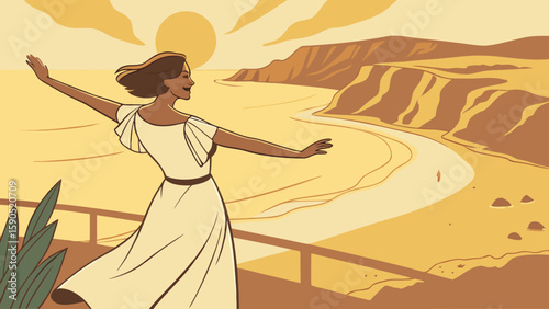 Woman in white dress overlooking a beach with cliffs and sunset in an illustration style