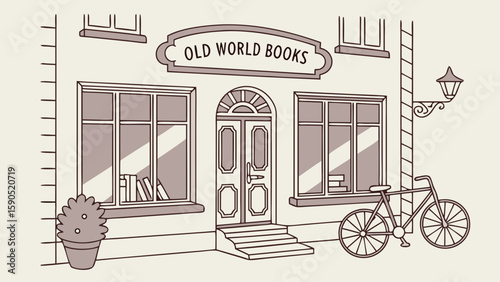 Illustration of old world books store front with bicycle and potted plant in front of the shop facade