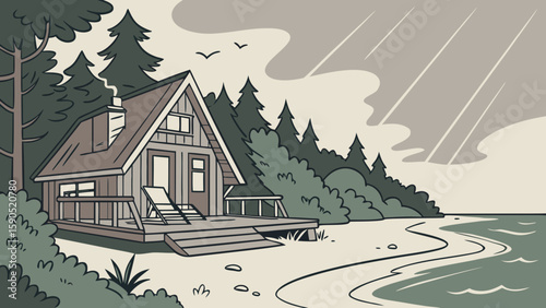 A frame cabin on a beach with trees and a deck with a chair under a cloudy sky with rain streaks