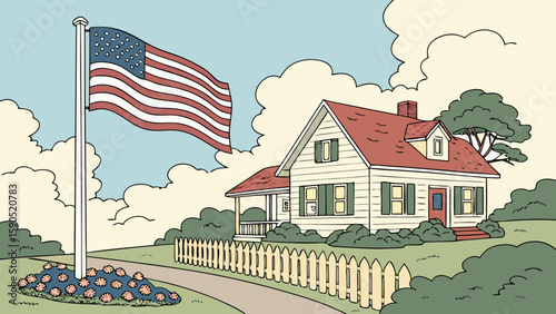 American flag waving in front of a quaint house with a picket fence and flower garden scene