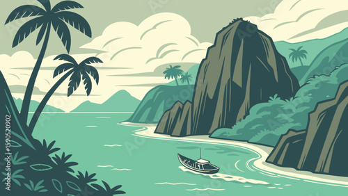 Scenic tropical island landscape with palm trees, cliffs, and a boat on calm teal ocean water