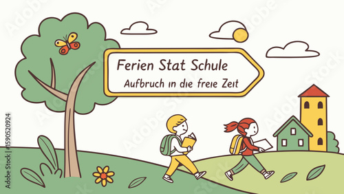 Children walking away from school towards a town with a sign that says ferien stat schule in german